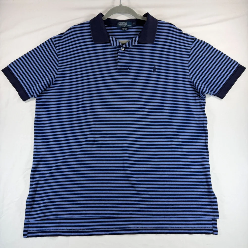 Polo Ralph Lauren Mens XL 100% Pima Cotton Striped Polo Blue Navy Short Sleeve